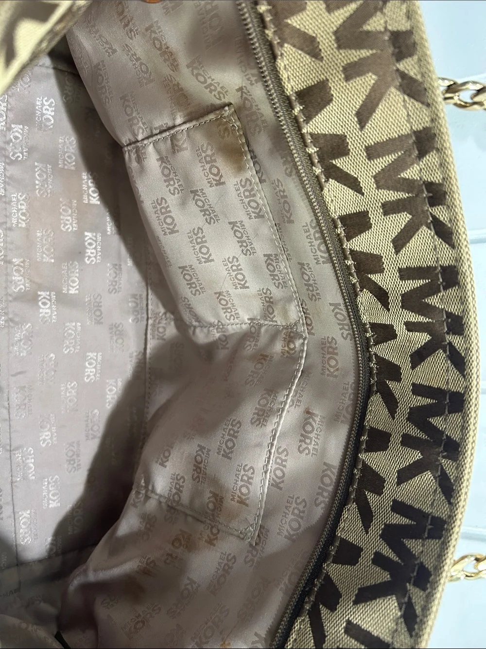 Michael Kors Tan and Brown MK Logo Chain-Handle Tote